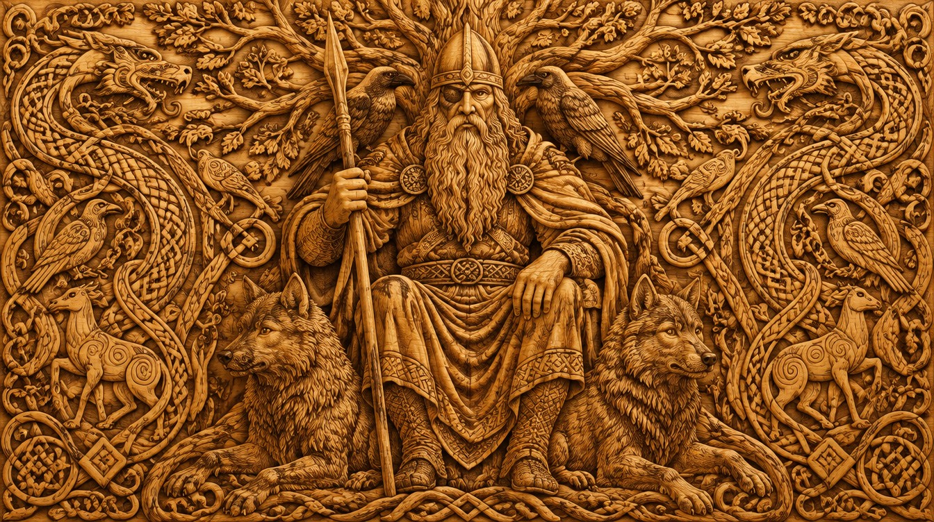 Carved wood relief artwork, illustrative only