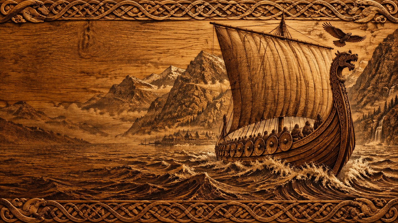 Carved wood relief artwork, illustrative only